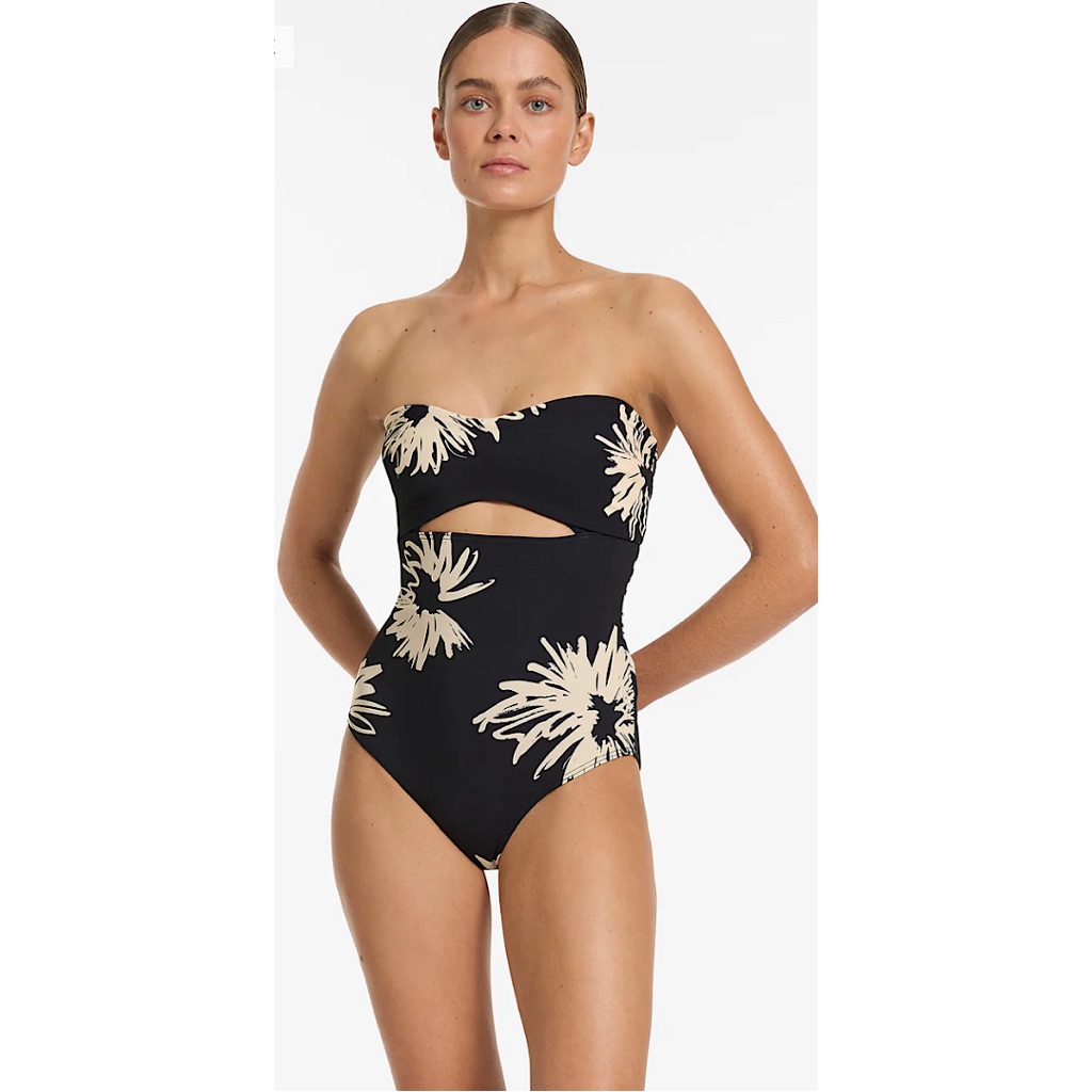 Strapless Black Floral One-Piece Swimsuit With Cutout